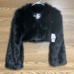 Y2k SO Black Faux Fur long fuzzy bolero Crop Jacket Rave Mod